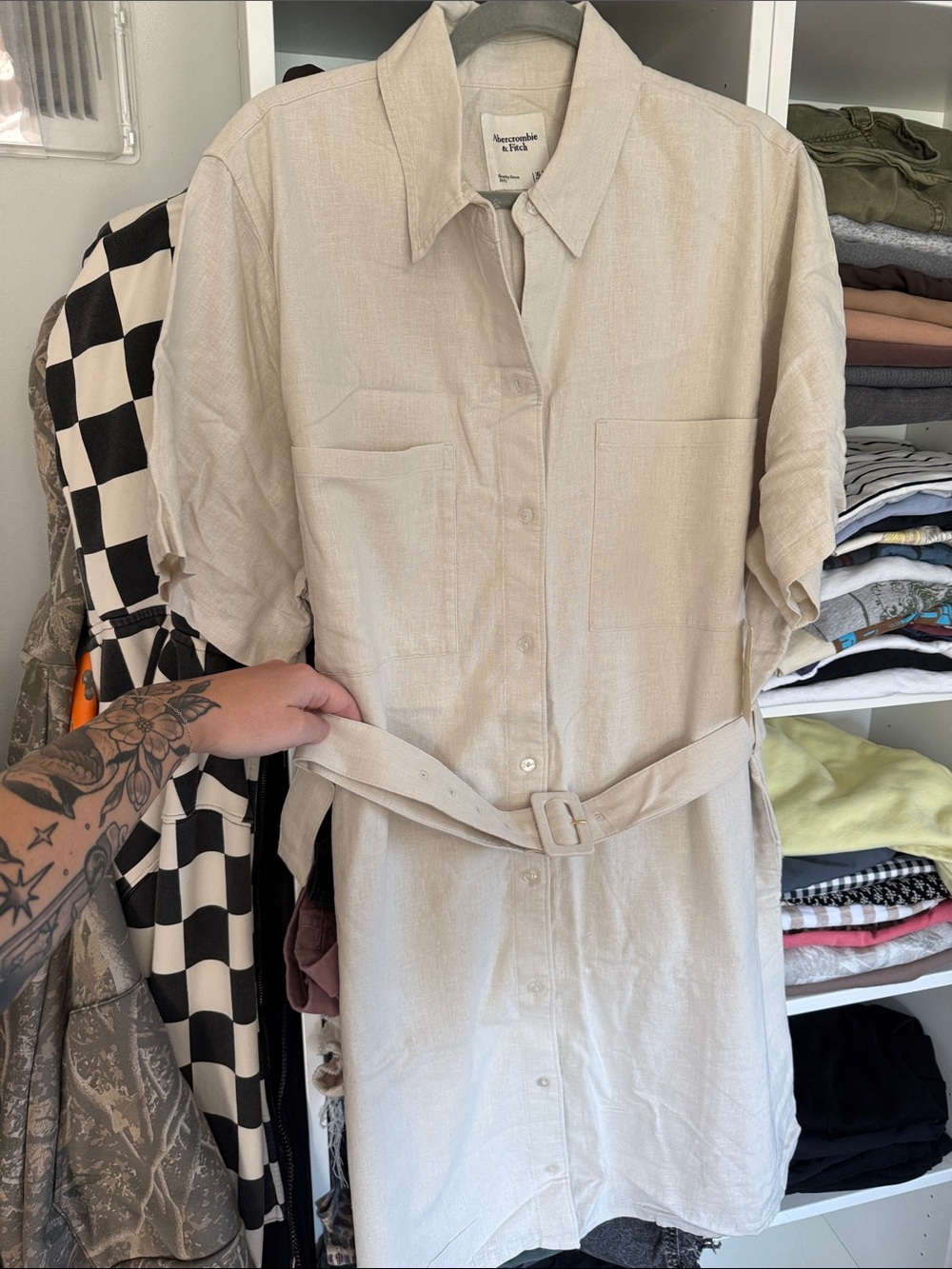 A&F Light Cream Linen Button-Up Midi Shirt Dress with Belt—XL TALL
